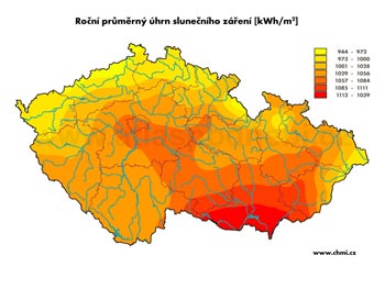Roční průměrný úhrn slunečního záření (kWh/m3)